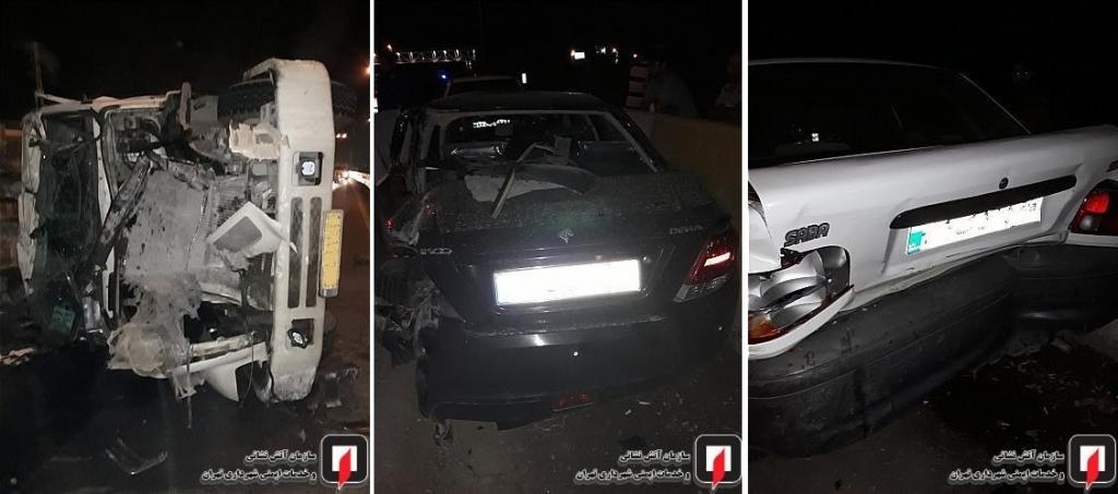 تصادفی هولناک در جاده خاوران تهران / 11 خودرو و کامیون بهم برخورد کردند