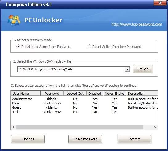 عکس ریست کردن پسورت در محیط PCUnlocker