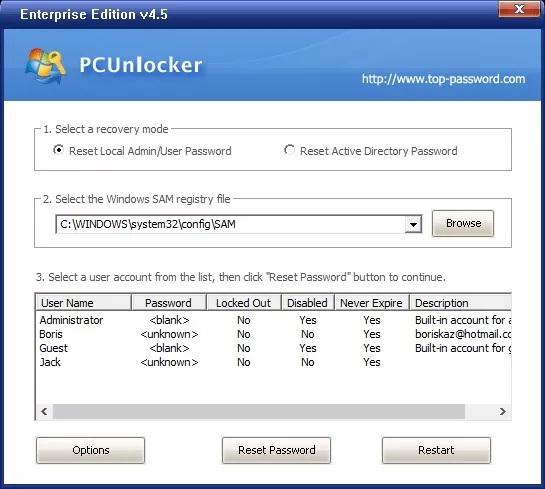 عکس ریست کردن پسورت در محیط PCUnlocker 