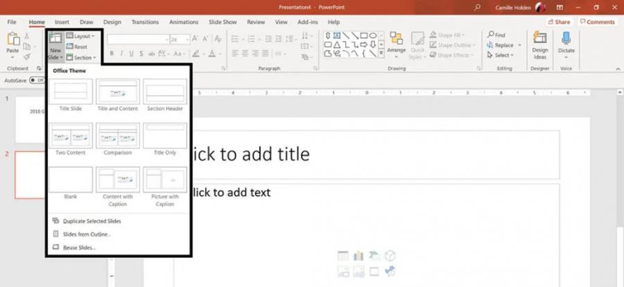 New Slide drop down arrow