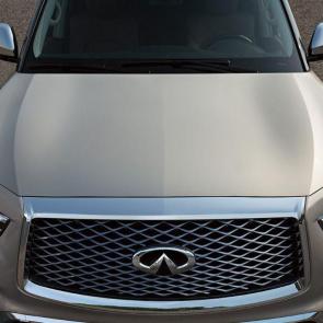 2019 INFINITI QX80 LUXE 4WD shown with additional packages Exterior | INFINITI signature double wave hood in Champagne Quartz
