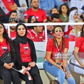 Syria supporters look on during the 2019 AFC Asian Cup Group B football game between Syria and Palestine at the Sharjah Stadium stadium in Sharjah on January 6, 2019. (Photo by Giuseppe CACACE / AFP) 