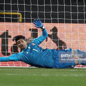 ABU DHABI, UNITED ARAB EMIRATES - JANUARY 20: Alireza Safarbeiranvand in action during the AFC Asian Cup round of 16 match between Iran and Oman at Mohammed Bin Zayed Stadium