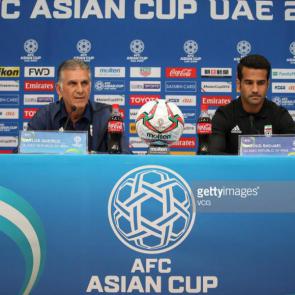 Head coach Carlos Queiroz (L) of Iran and footballer Masoud Shojaei of Iran attend a press conference ahead of the AFC Asian Cup quarterfinal match between China and Iran at Mohammed Bin Zayed Stadium on January 23, 2019 in Abu Dhabi, United Arab Emirates. (Photo by VCG/VCG via Getty Images)