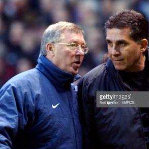 l-r Manchester United manager Alex Ferguson and his assistant Carlos Queiroz walk off happy after two late goals secured a victory (Photo by Neal Simpson/EMPICS via Getty Images)