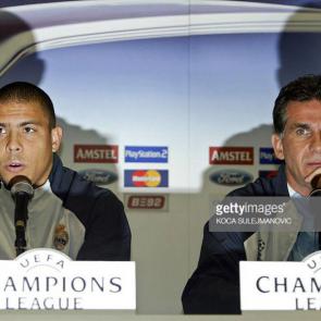 Real Madrid soccer player Ronaldo, left, and coach Carlos Queiroz, right, during a press conference in Belgrade, 03 November 2003. Real Madrid is to play against Partizan Belgrade 04 November 2003 in a UEFA Champions League soccer match. PHOTO AFP / KOCA SULEJMANOVIC (Photo credit should read KOCA SULEJMANOVIC/AFP/Getty Images)
