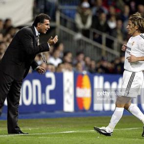 MADRID, SPAIN - OCTOBER 22: Real Madrid manager, Carlos Queiroz speaks with player Michel Salgado during the UEFA Champions League group F match between Real Madrid and Partizan Belgrade on October 22, 2003 at the Santiago Bernabeu Stadium in Madrid, Spain. (Photo by Warren Little/Getty Images)