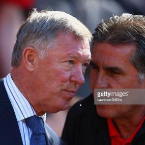 MANCHESTER, UNITED KINGDOM - AUGUST 12: Manchester United Manager Sir Alex Ferguson chats with his Assistant Carlos Queiroz prior to the Barclays Premier League match between Manchester United and Reading at Old Trafford on August 12, 2007 in Manchester, England. (Photo by Laurence Griffiths/Getty Images)