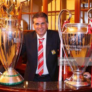 MOSCOW, RUSSIA - MAY 22: (EXCLUSIVE ACCESS - MINIMUM PRICING OF 250GBP OR LOCAL EQUIVALENT) Carlos Queiroz of Manchester United poses with the UEFA Champions League trophy and the FA Barclays Premier League trophy after winning the UEFA Champions League Final match between Manchester United and Chelsea at Luzhniki Stadium on May 22 2008 in Moscow, Russia. (Photo by John Peters/Manchester United via Getty Images)