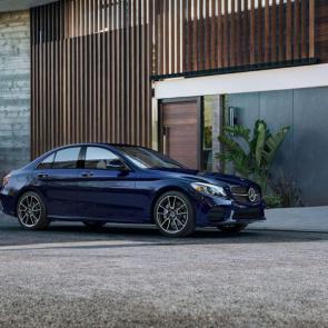  C 300 in Lunar Blue with Night Package and 19-inch AMG twin 5-spoke wheels 