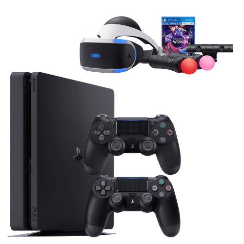 مجموعه کنسول بازی سونی مدل Playstation Slim 2018 ریجن 2 کد CUH - 2216B ظرفیت 1 ترابایت پکیج کامل ZVR2 شامل دوربین عینک دسته MOVE دیسک VR world